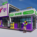 Container Convenience Store Featuring 24 Hours Service Green Frame And Colorful Splash Patterns 3d model