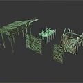 Ancient Wooden Building Simple Construction Frames With Roof And Wall Components 3d model