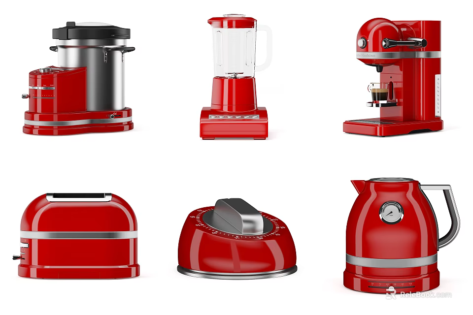 Stylish Red Kitchen Appliances Featuring Blender Coffee Maker Toaster And Kettle 3d model 