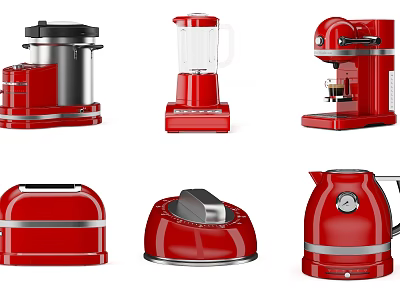 Stylish Red Kitchen Appliances Featuring Blender Coffee Maker Toaster And Kettle 3d model