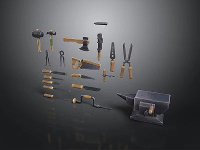 Professional Workshop Tools Collection Featuring Hammers Axes Pliers Saws and Anvil 3d model