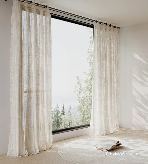 Light Beige Sheer Linen Curtains For Window With Natural Light And Tree View 3d model 