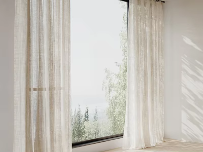 Light Beige Sheer Linen Curtains For Window With Natural Light And Tree View 3d model