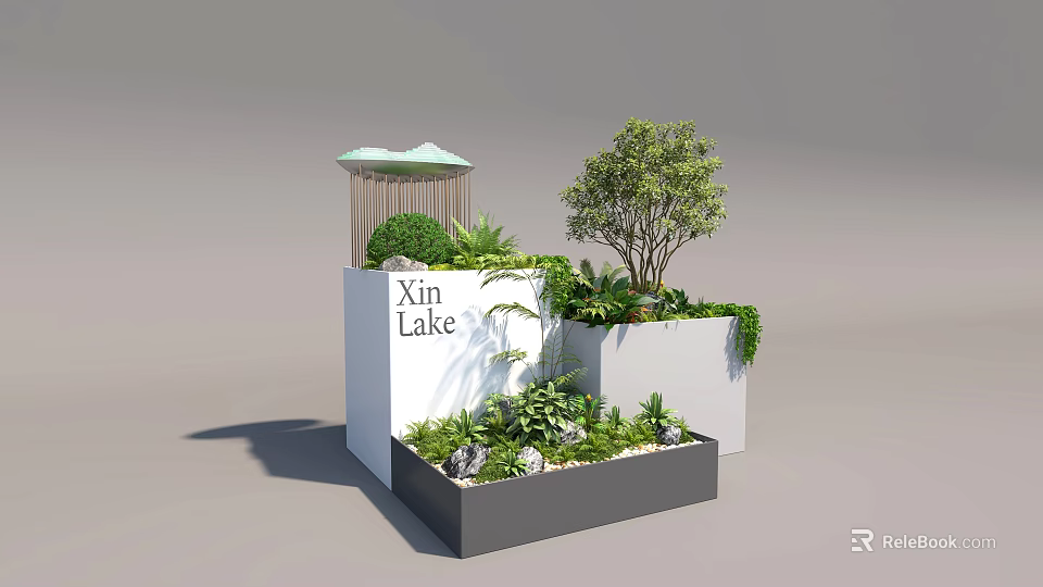 Bonsai Potted Plants with Xin Lake Pavilion Greenery and White Gray Square Structures 3d model 