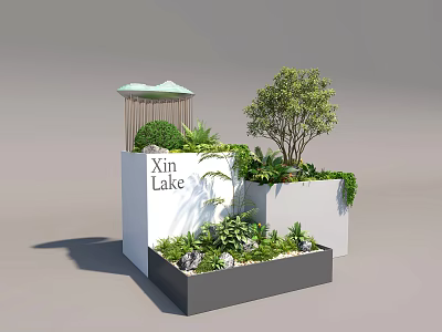 Bonsai Potted Plants with Xin Lake Pavilion Greenery and White Gray Square Structures 3d model