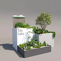 Bonsai Potted Plants with Xin Lake Pavilion Greenery and White Gray Square Structures