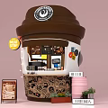 Coffee Cup Shaped Interactive Zone With New Shop Sign Menu Board And Green Plants