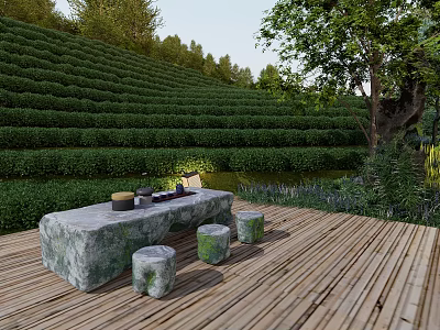 Tranquil Garden Landscape With Wooden Deck Stone Table Stools And Terraced Greenery 3d model