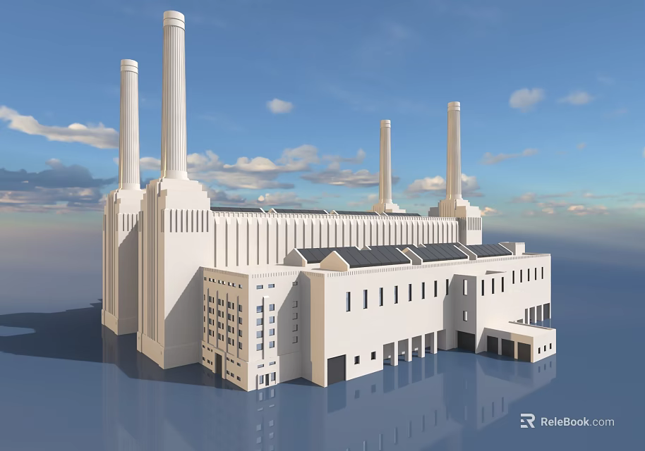 Modern Industrial Plant With White Exterior Multiple Tall Chimneys And Symmetrical Architecture Under Blue Sky 3d model 