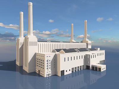 Modern Industrial Plant With White Exterior Multiple Tall Chimneys And Symmetrical Architecture Under Blue Sky 3d model
