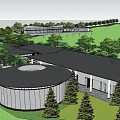 Modern Building Complex With Circular Lawn Fountain Parking Lot And Trees