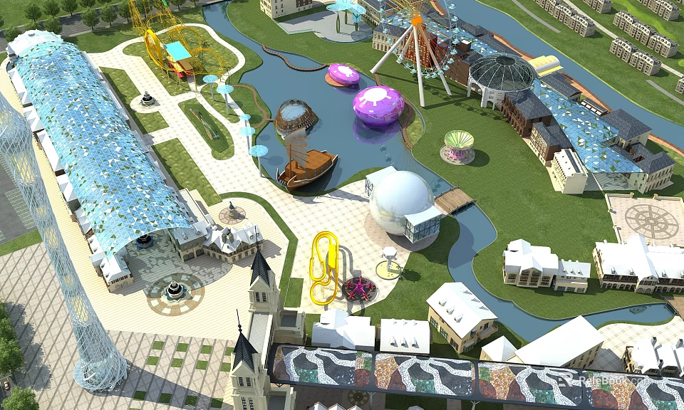 Amusement Park With Colorful Rides Scenic River Green Lawns And Various Buildings 3d model 