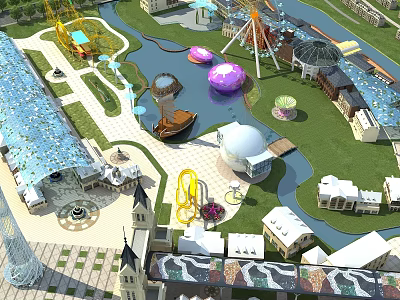 Amusement Park With Colorful Rides Scenic River Green Lawns And Various Buildings 3d model