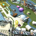 Amusement Park With Colorful Rides Scenic River Green Lawns And Various Buildings