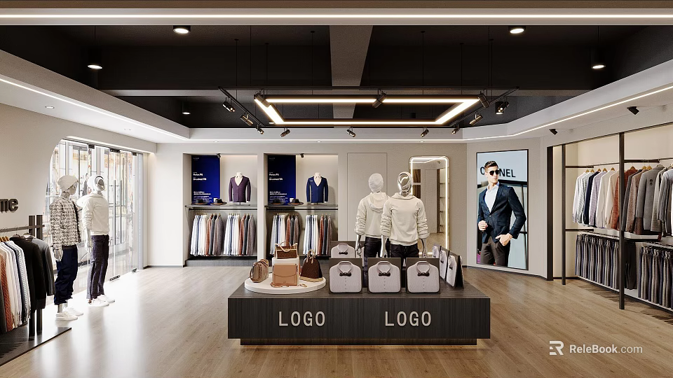 Modern Stylish Mens Clothing Store Interior With Mannequins Garment Racks And Fashion Product 3d model 