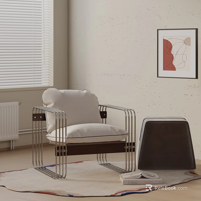 Modern Leisure Chair With Metal Frame White Padded Cushion Near Window Blinds And Wall Art 3d model 
