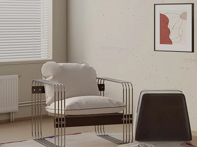 Modern Leisure Chair With Metal Frame White Padded Cushion Near Window Blinds And Wall Art 3d model