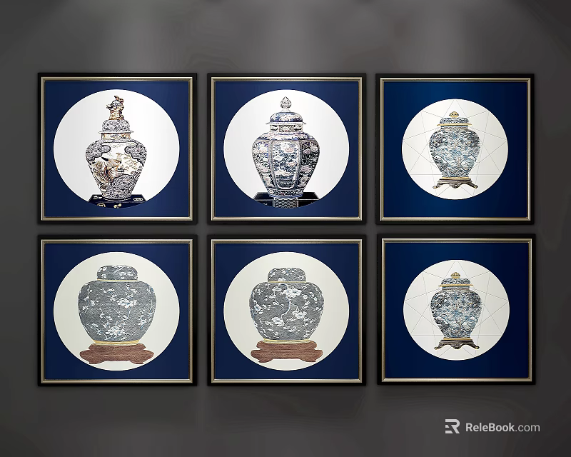 Six Framed Blue And White Porcelain Vase Paintings For Home Wall Decor 3d model 