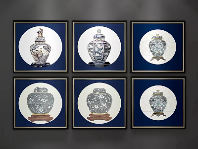 Six Framed Blue And White Porcelain Vase Paintings For Home Wall Decor 3d model