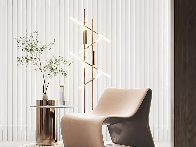 Beige Modern Single Sofa In Living Room With Brass Floor Lamp And Green Plant 3d model