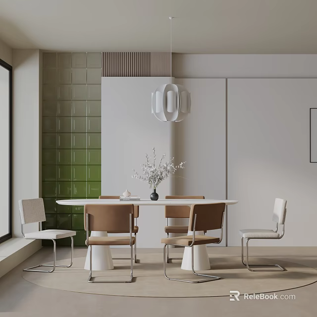 Modern Dining Table Set with Beige Chairs Green Glass Brick Wall and Pendant Light 3d model 
