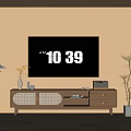 Modern Wooden TV Stand With Wall Mounted TV Decorative Items And Potted Plant
