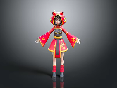 Child Wearing Red Traditional Dragon Costume with Gold Patterns and Boots 3d model