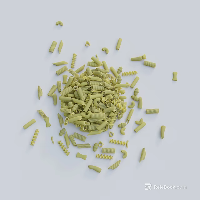 Green Pasta With Various Shapes Scattered On White Background Surface 3d model 