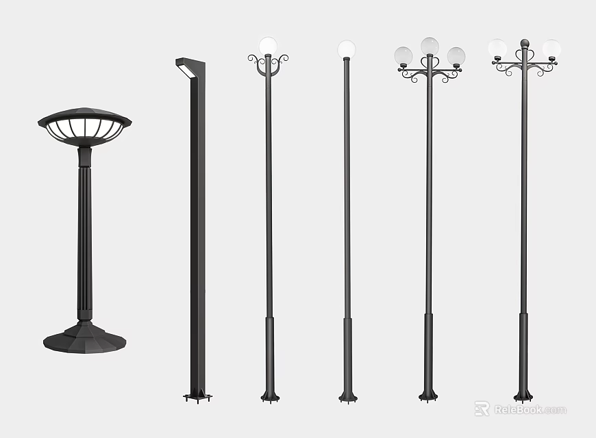 Various Styles of Outdoor Lights with Black Metal Lamp Posts and Different Top Designs 3d model 