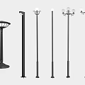 Various Styles of Outdoor Lights with Black Metal Lamp Posts and Different Top Designs