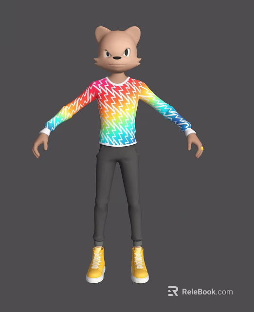 Colorful Animated Game Character Wearing Rainbow Lightning Long Sleeve Shirt Black Pants And Yellow Shoes 3d model 
