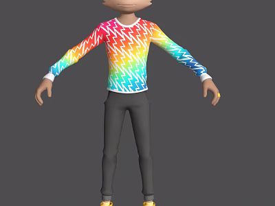 Colorful Animated Game Character Wearing Rainbow Lightning Long Sleeve Shirt Black Pants And Yellow Shoes 3d model