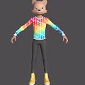 Colorful Animated Game Character Wearing Rainbow Lightning Long Sleeve Shirt Black Pants And Yellow Shoes