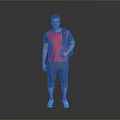 Man Standing In Simple Gray Background Wearing Red Shirt And Gray Pants Carrying Bag