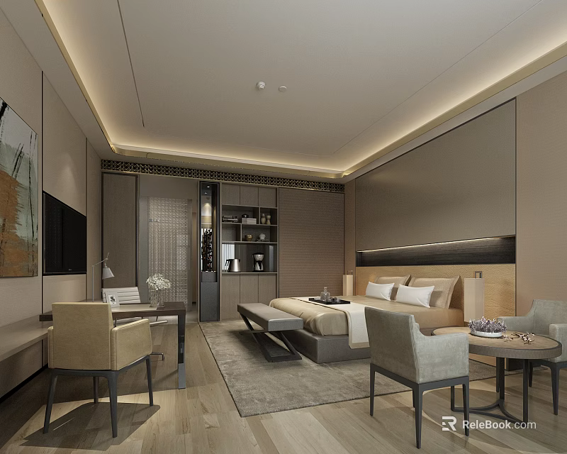 Modern Hotel Room Interior With Bed Desk Chairs Decorative Painting And Recessed Lighting 3d model 