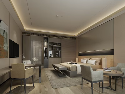 Modern Hotel Room Interior With Bed Desk Chairs Decorative Painting And Recessed Lighting 3d model