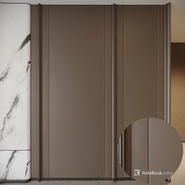 Modern Dark Brown Wall Paneling Interior With Marble Accent And Round Mirror 3d model 
