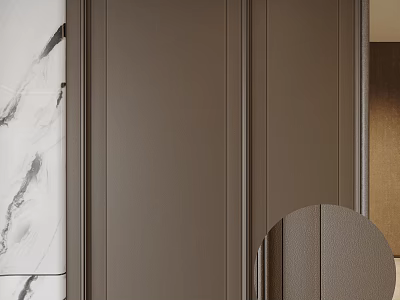 Modern Dark Brown Wall Paneling Interior With Marble Accent And Round Mirror 3d model