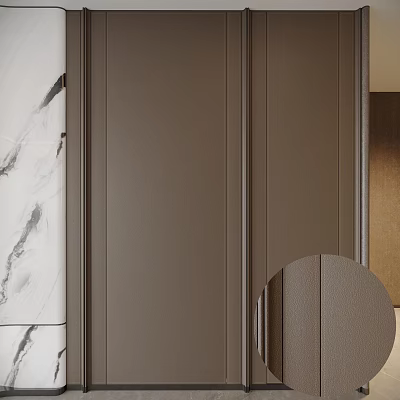 Modern Dark Brown Wall Paneling Interior With Marble Accent And Round Mirror 3d model