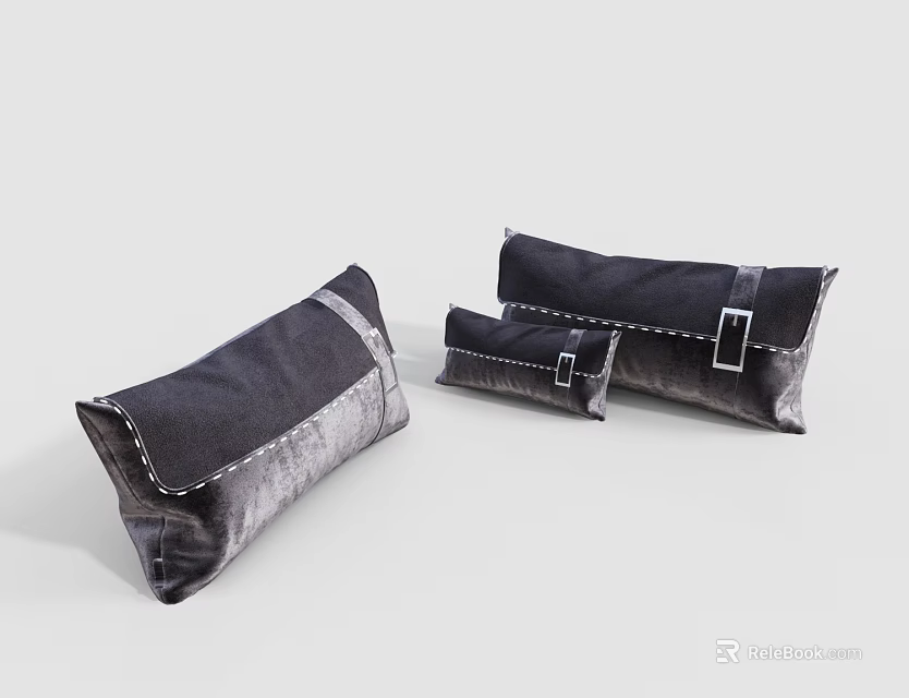 Three Black and Gray Decorative Pillows with Soft Velvet Fabric and Stylish Metal Buckle Accents 3d model 