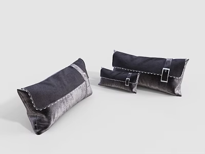 Three Black and Gray Decorative Pillows with Soft Velvet Fabric and Stylish Metal Buckle Accents 3d model