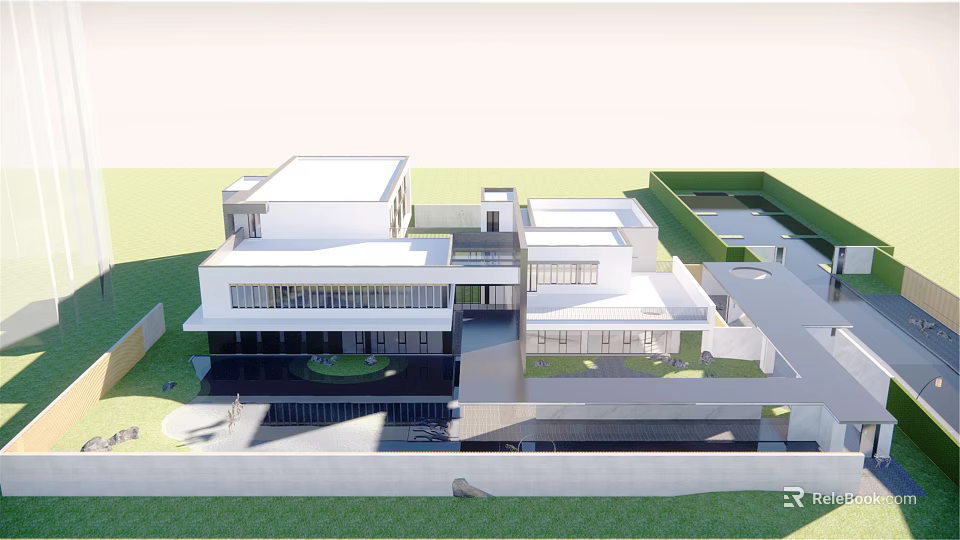 Modern Sales Office Building With Glass Curtain Walls Simple Lines And Green Lawn Surroundings 3d model 