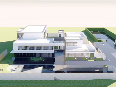 Modern Sales Office Building With Glass Curtain Walls Simple Lines And Green Lawn Surroundings 3d model