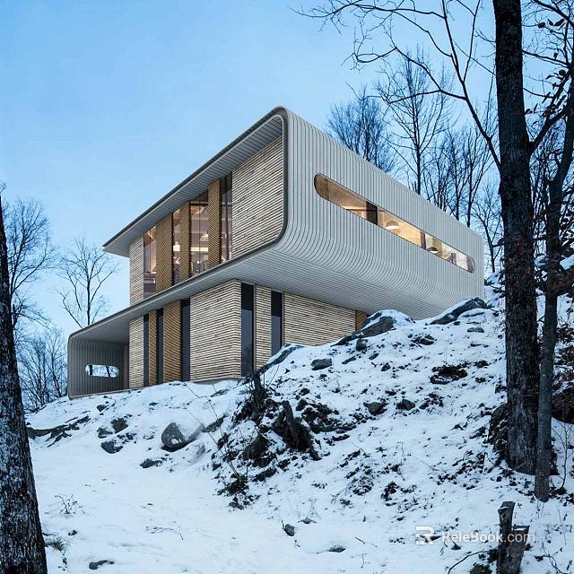 Modern Detached Villa With Curved Roof On Snowy Hillside And Illuminated Windows 3d model 