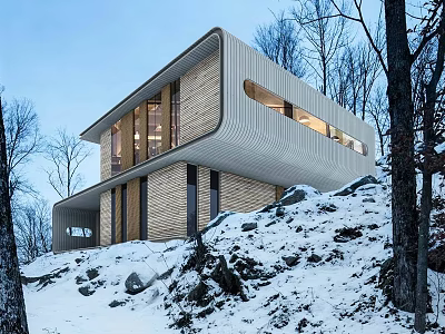 Modern Detached Villa With Curved Roof On Snowy Hillside And Illuminated Windows 3d model