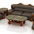 Classic Gray Tufted Sofa Set With Marble Top Coffee Table And Carved Wooden Legs