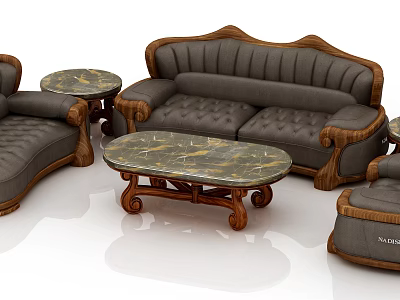 Classic Gray Tufted Sofa Set With Marble Top Coffee Table And Carved Wooden Legs 3d model