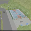 Outdoor Basketball Court With Blue Red Floor Surrounded By Trees And Seating Area