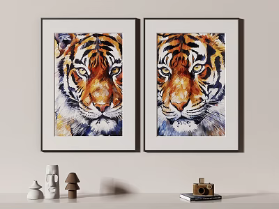 Two Abstract Tiger Paintings Black Framed Hanging on Wall With Decorative Items Camera Below 3d model