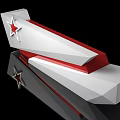 Stylish Front Desk Reception Design With Silver Red Geometric Shapes Star Accent And Reflective Surface